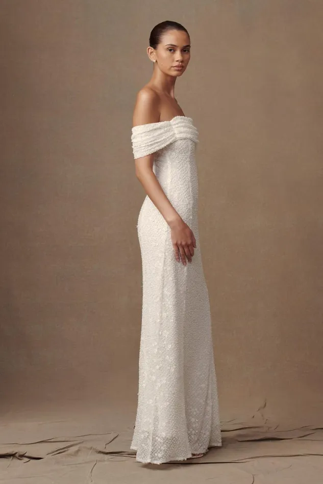 Women Meshki Dresses Priyanka Daisy Beaded Off Shoulder Wedding Gown 8211 White