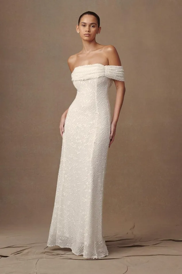Women Meshki Dresses Priyanka Daisy Beaded Off Shoulder Wedding Gown 8211 White