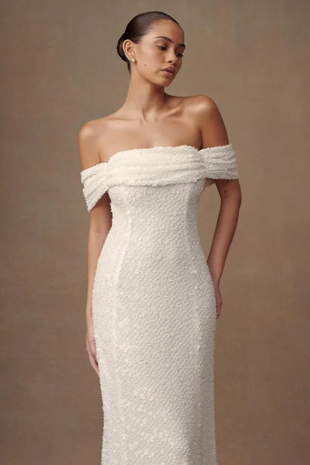 Women Meshki Dresses Priyanka Daisy Beaded Off Shoulder Wedding Gown 8211 White