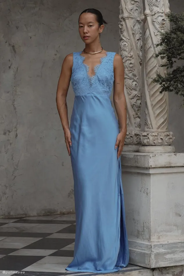 Women Meshki Dresses Ricci Satin And Lace Maxi Dress 8211 Iris Blue