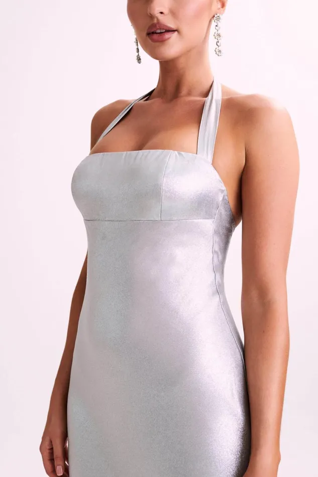 Women Meshki Dresses Sabra Satin Halter Maxi Dress 8211 Silver