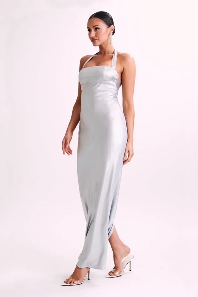 Women Meshki Dresses Sabra Satin Halter Maxi Dress 8211 Silver
