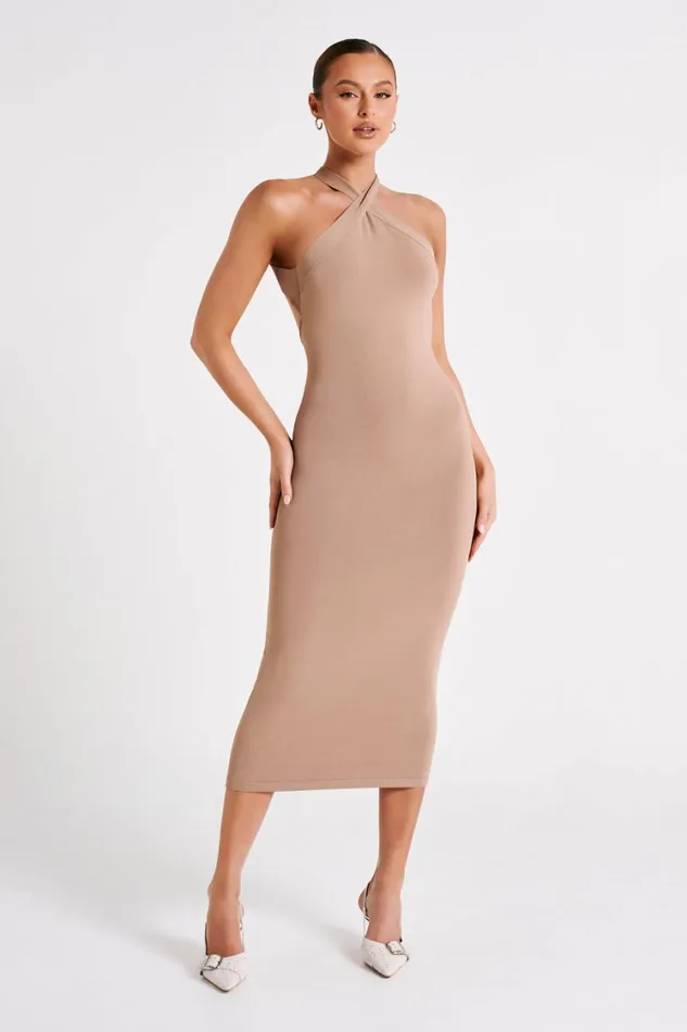 Women Meshki Dresses Sarai Halter Neck Knit Midi Dress 8211 Wheat