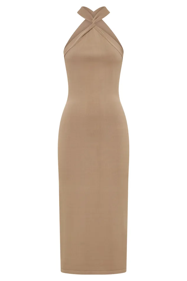 Women Meshki Dresses Sarai Halter Neck Knit Midi Dress 8211 Wheat