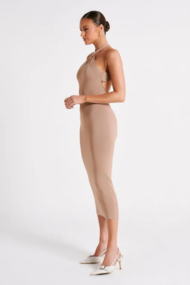 Women Meshki Dresses Sarai Halter Neck Knit Midi Dress 8211 Wheat