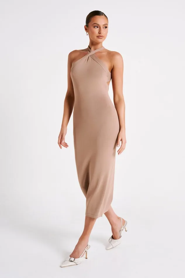 Women Meshki Dresses Sarai Halter Neck Knit Midi Dress 8211 Wheat