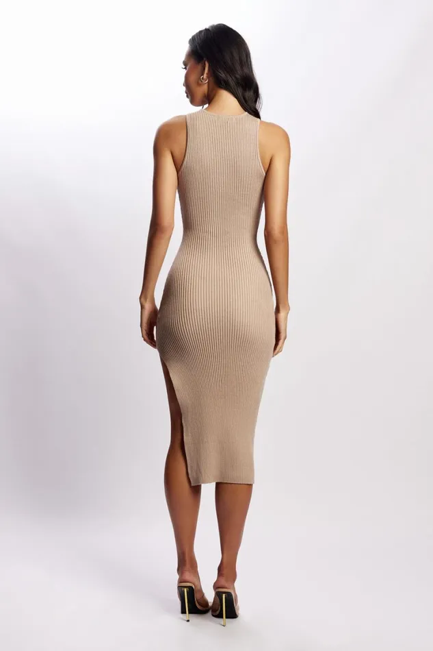 Women Meshki Dresses Sienna Knee Length Knit Midi Dress With Side Split 8211 Taupe Women Meshki Dresses Sienna Knee Length Knit Midi Dress With Side Split 8211 Taupe