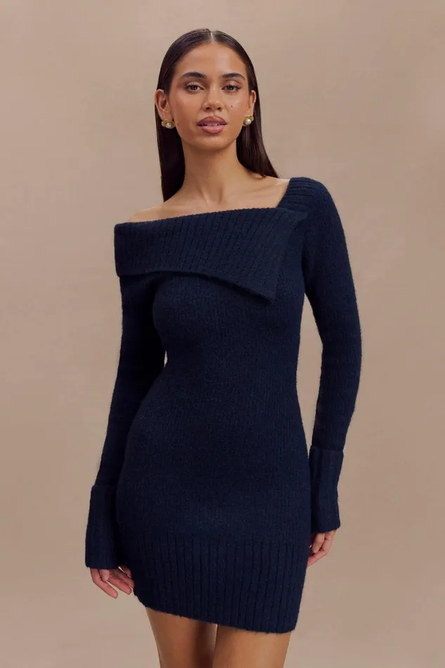 Women Meshki Dresses Stephanie Asymmetric Knit Mini Dress 8211 Dark Navy
