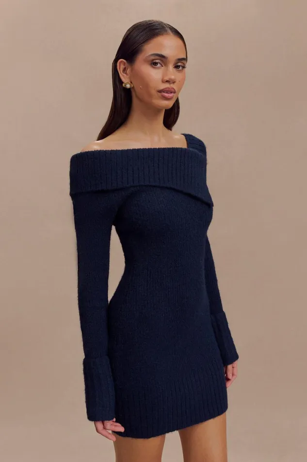 Women Meshki Dresses Stephanie Asymmetric Knit Mini Dress 8211 Dark Navy