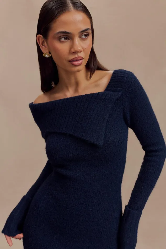 Women Meshki Dresses Stephanie Asymmetric Knit Mini Dress 8211 Dark Navy
