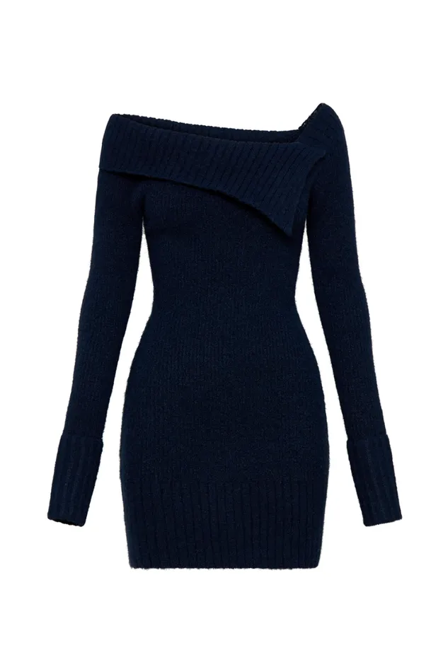 Women Meshki Dresses Stephanie Asymmetric Knit Mini Dress 8211 Dark Navy