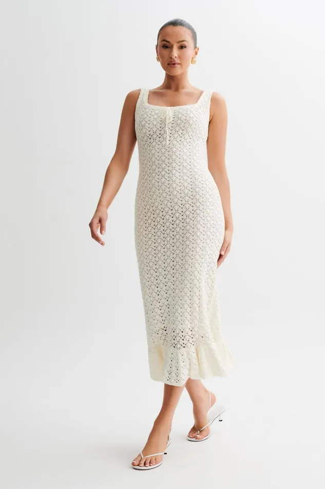 Women Meshki Dresses Sylvie Frill Knit Midi Dresses 8211 Ivory