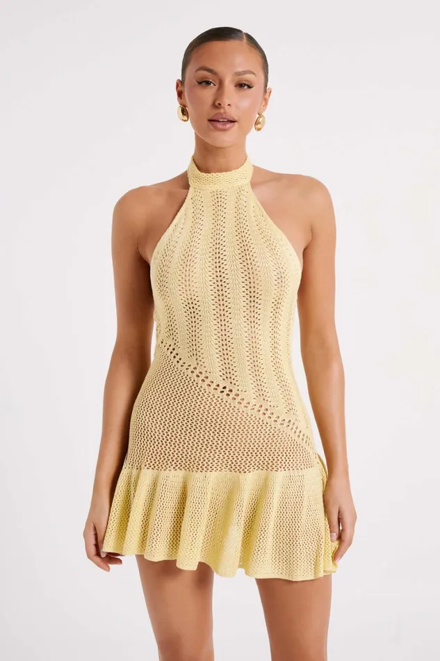 Women Meshki Dresses Tash Mixed Yarn Halter Mini Dress 8211 Lemon