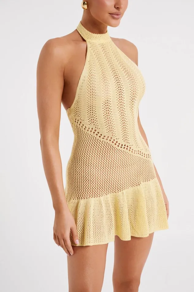 Women Meshki Dresses Tash Mixed Yarn Halter Mini Dress 8211 Lemon