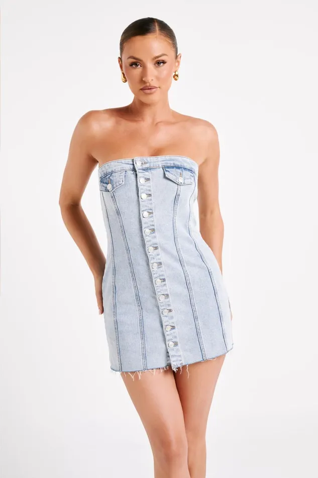Women Meshki Dresses Tiani Buttoned Denim Mini Dress 8211 Light Blue
