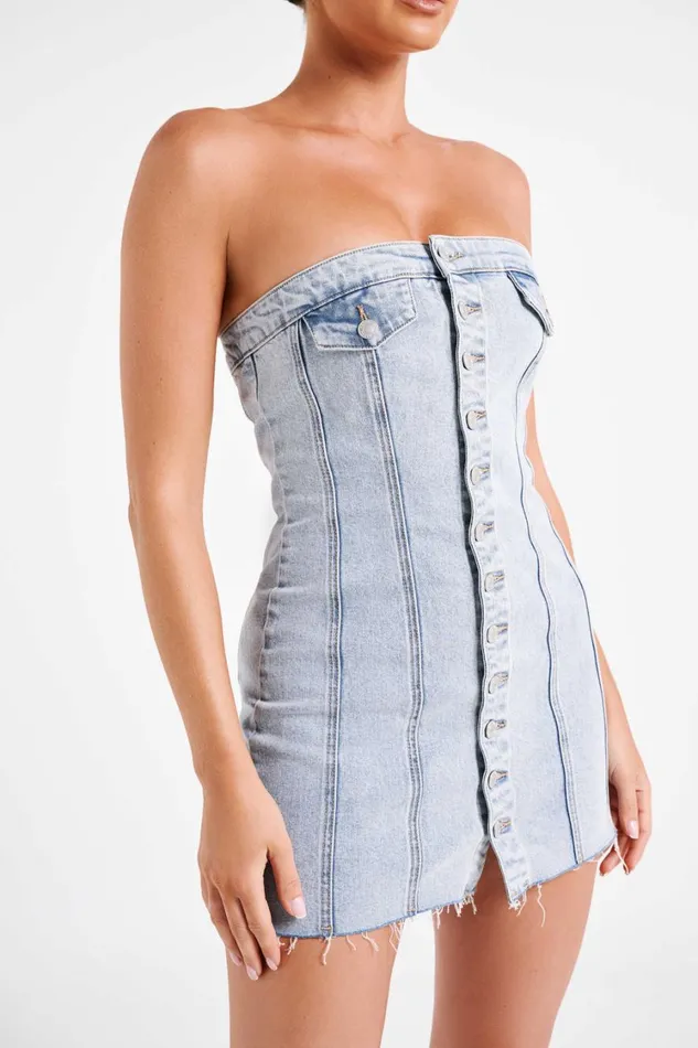 Women Meshki Dresses Tiani Buttoned Denim Mini Dress 8211 Light Blue