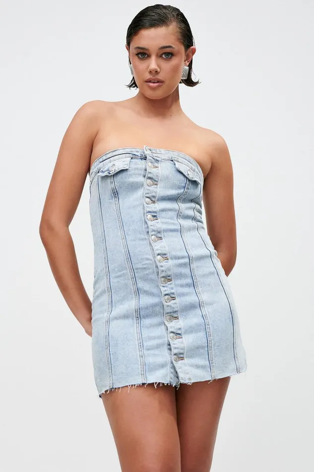 Women Meshki Dresses Tiani Buttoned Denim Mini Dress 8211 Light Blue
