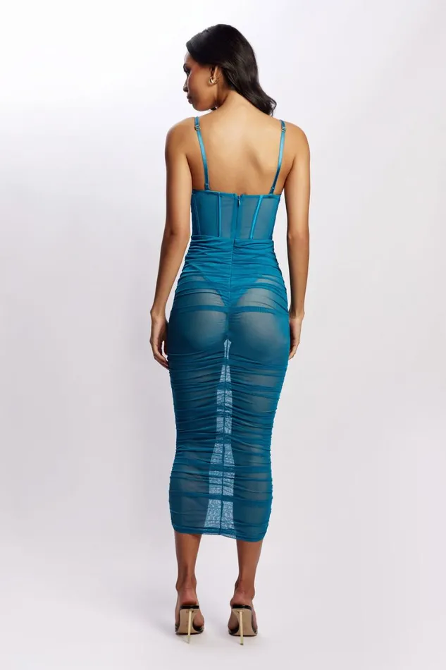 Women Meshki Dresses Tiarne Satin And Mesh Corset Midi Dress 8211 Marine Blue