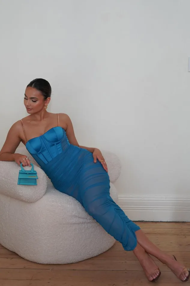 Women Meshki Dresses Tiarne Satin And Mesh Corset Midi Dress 8211 Marine Blue