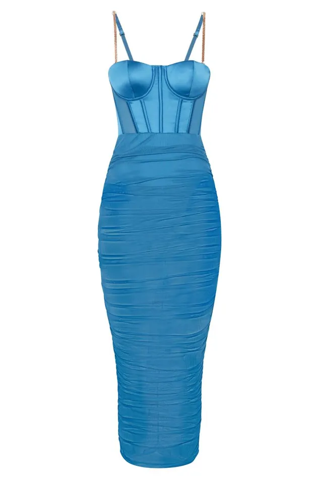 Women Meshki Dresses Tiarne Satin And Mesh Corset Midi Dress 8211 Marine Blue