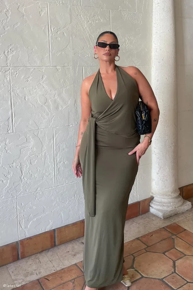 Women Meshki Dresses Tyla Draped Slinky Halter Maxi Dress 8211 Dark Olive