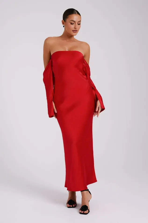 Women Meshki Dresses Vee Off Shoulder Satin Midi Dress 8211 Red