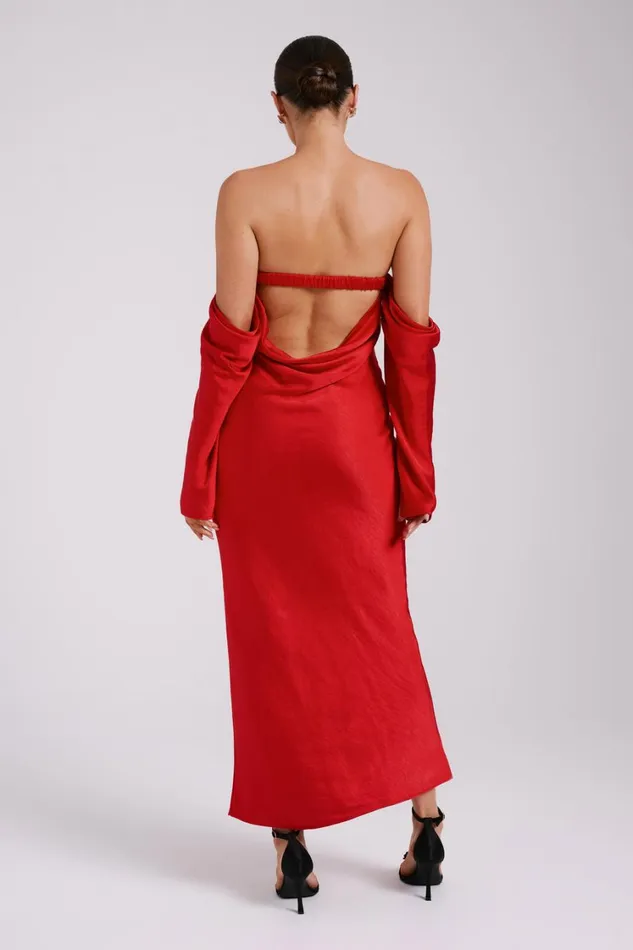 Women Meshki Dresses Vee Off Shoulder Satin Midi Dress 8211 Red