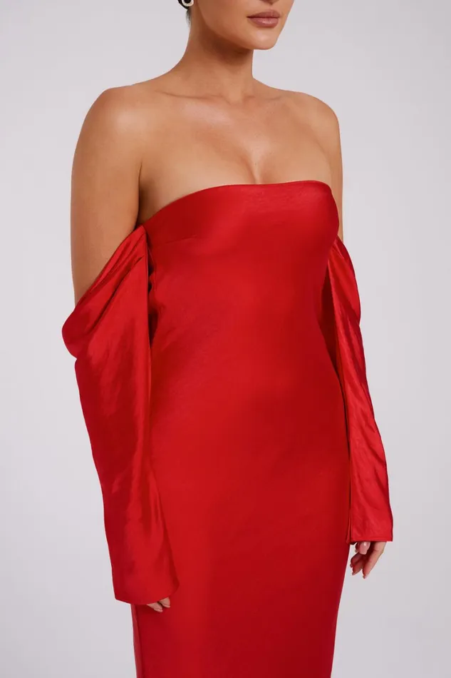 Women Meshki Dresses Vee Off Shoulder Satin Midi Dress 8211 Red