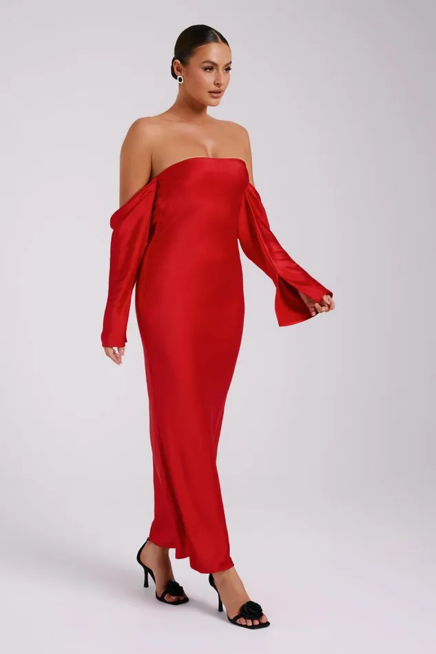 Women Meshki Dresses Vee Off Shoulder Satin Midi Dress 8211 Red