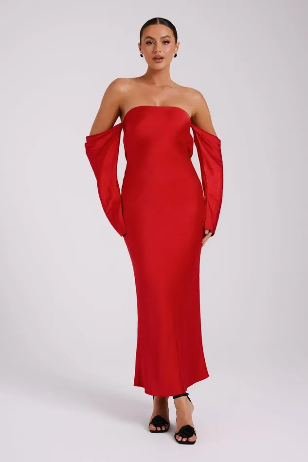 Women Meshki Dresses Vee Off Shoulder Satin Midi Dress 8211 Red