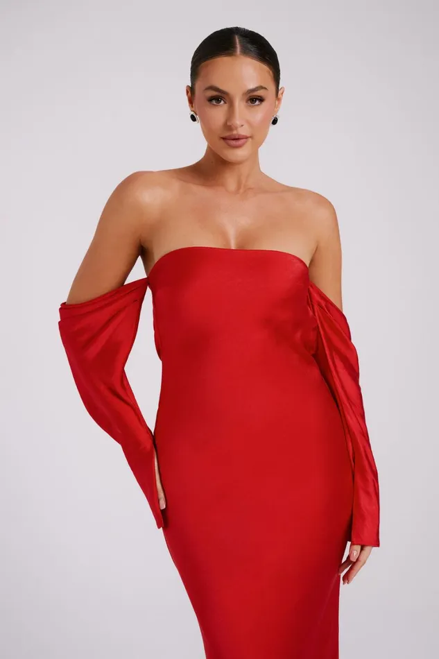 Women Meshki Dresses Vee Off Shoulder Satin Midi Dress 8211 Red