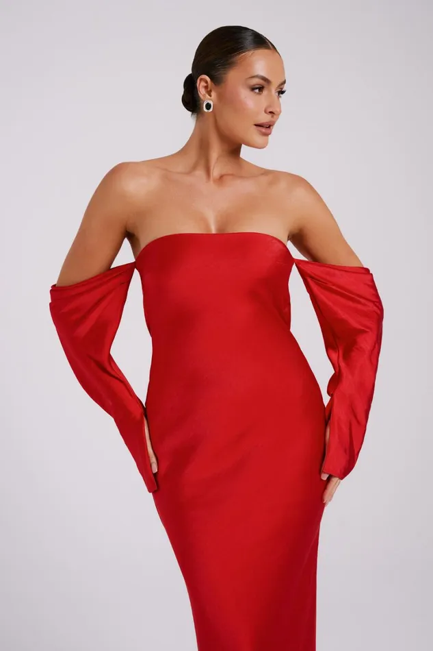 Women Meshki Dresses Vee Off Shoulder Satin Midi Dress 8211 Red