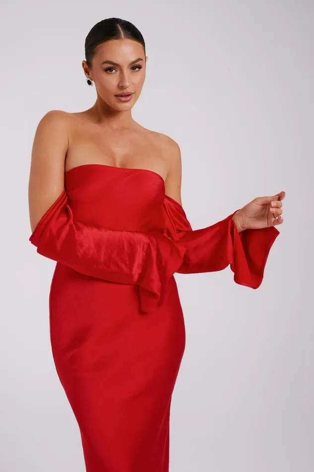 Women Meshki Dresses Vee Off Shoulder Satin Midi Dress 8211 Red