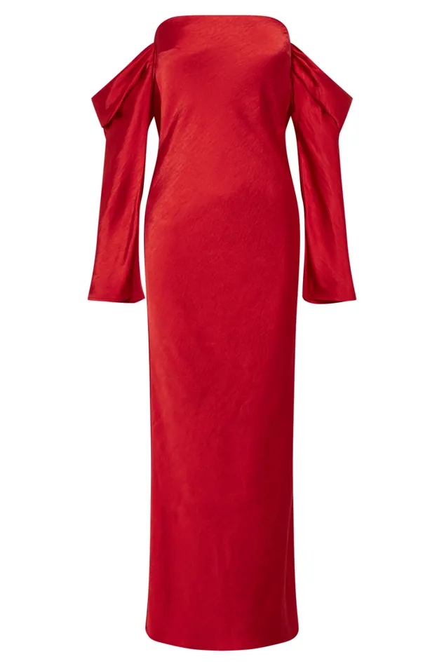Women Meshki Dresses Vee Off Shoulder Satin Midi Dress 8211 Red