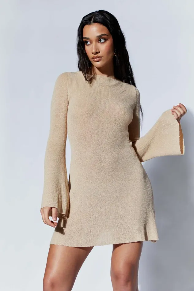 Women Meshki Dresses Zahra Long Sleeve Open Back Mini Knit Dress 8211 Wheat