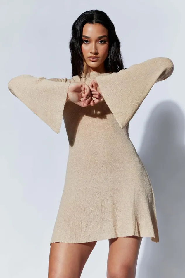 Women Meshki Dresses Zahra Long Sleeve Open Back Mini Knit Dress 8211 Wheat