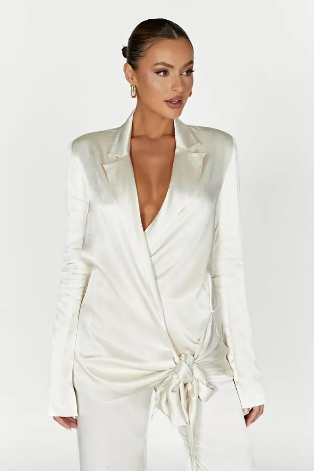 Women Meshki Outerwear Aspyn Satin Blazer Jacket 8211 Ivory