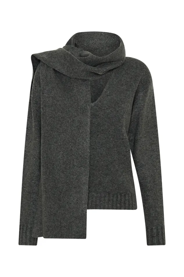 Women Meshki Outerwear Ella V Neck Knit Jumper With Scarf 8211 Charcoal Marle