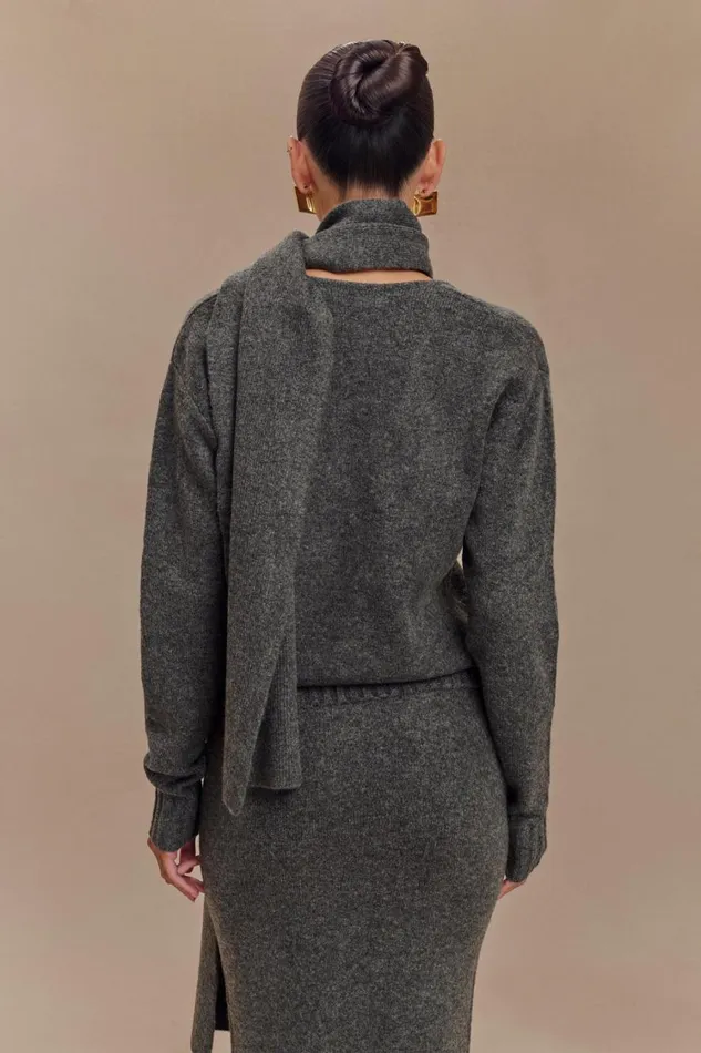 Women Meshki Outerwear Ella V Neck Knit Jumper With Scarf 8211 Charcoal Marle