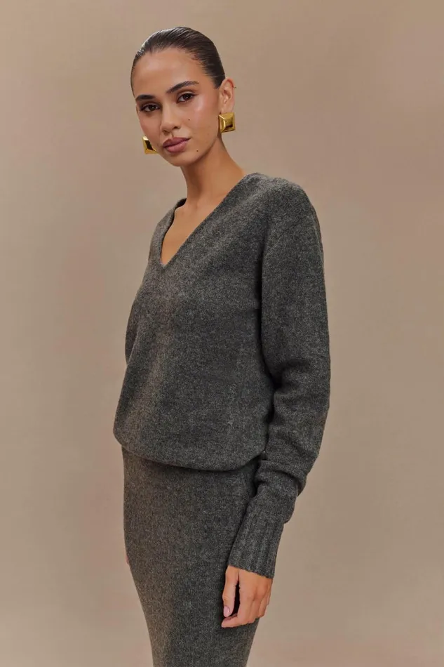 Women Meshki Outerwear Ella V Neck Knit Jumper With Scarf 8211 Charcoal Marle