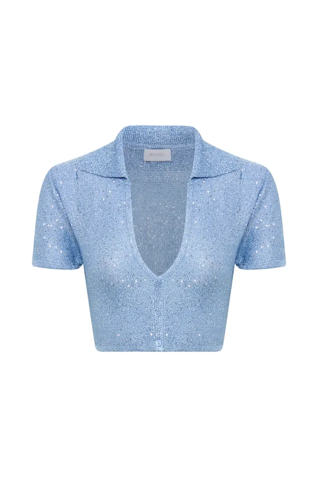 Women Meshki Outerwear Huntley Sequin Knit Crop Top 8211 Cornflower Blue