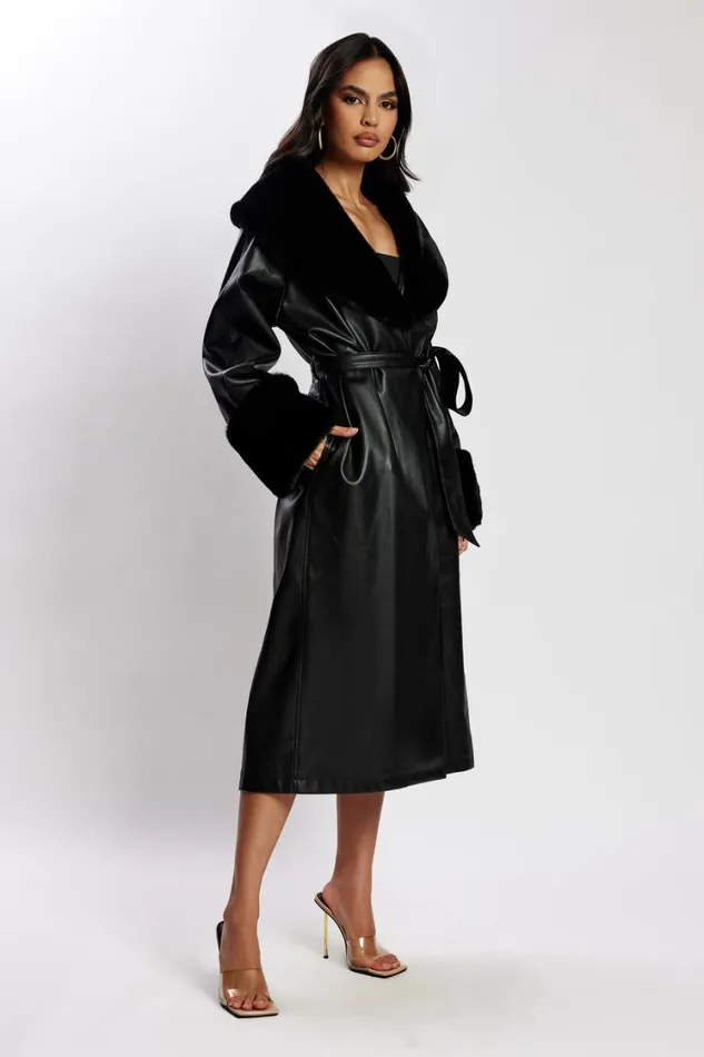 Women Meshki Outerwear Rebekah Oversized Pu Trench Coat With Fur Trim 8211 Black Women Meshki Outerwear Rebekah Oversized Pu Trench Coat With Fur Trim 8211 Black
