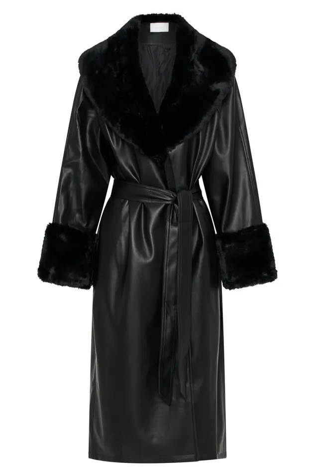 Women Meshki Outerwear Rebekah Oversized Pu Trench Coat With Fur Trim 8211 Black Women Meshki Outerwear Rebekah Oversized Pu Trench Coat With Fur Trim 8211 Black