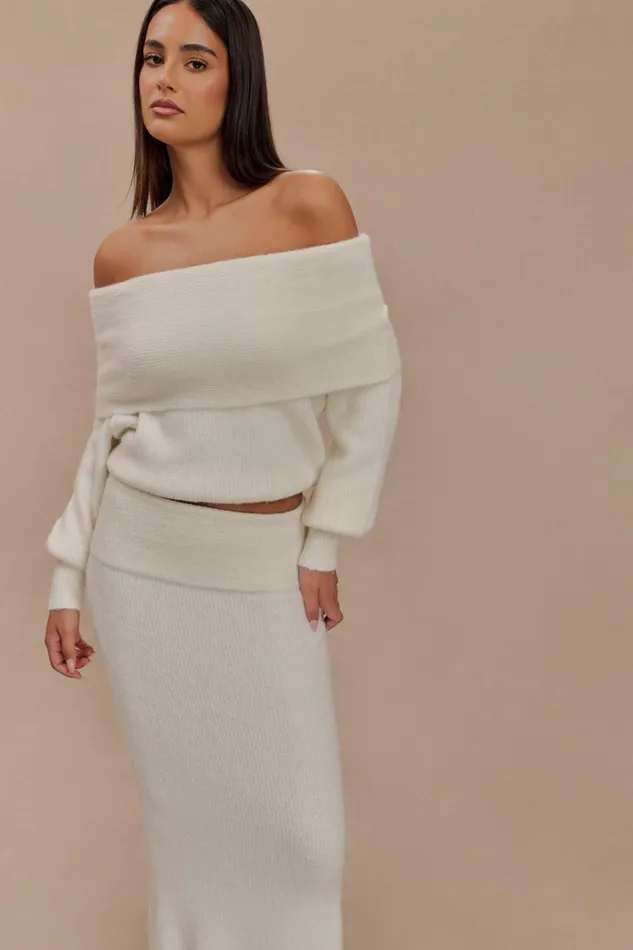 Women Meshki Sets Charlotte Off Shoulder Knit Long Sleeve Top 8211 Ivory