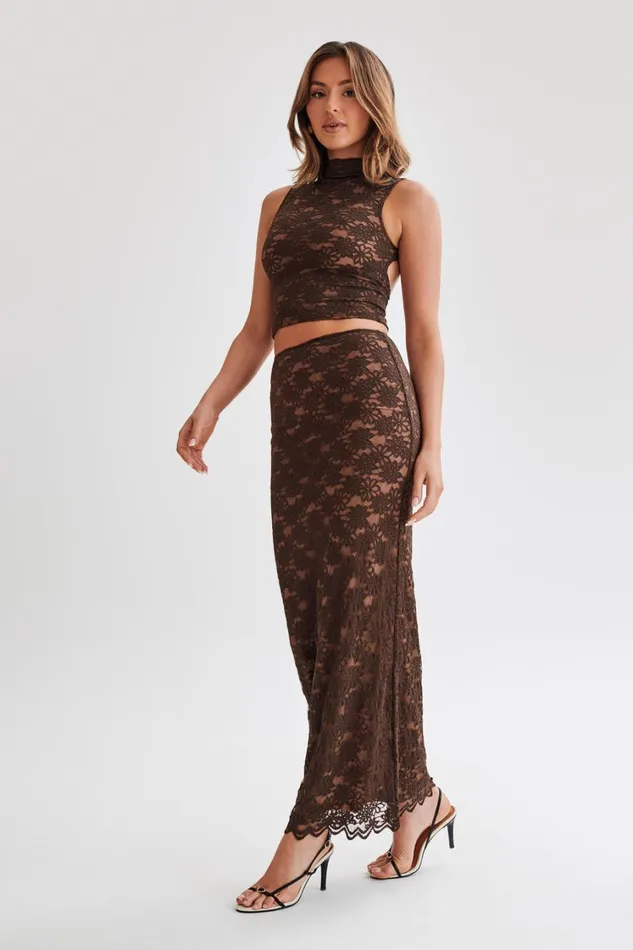 Women Meshki Sets Elska Lace High Neck Top 8211 Chocolate