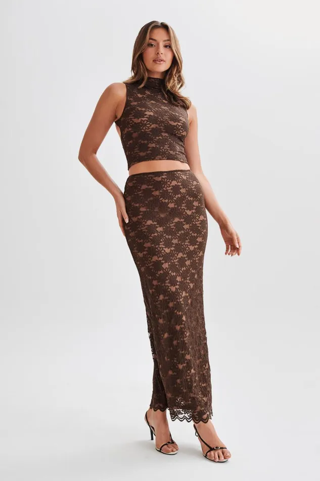 Women Meshki Sets Elska Lace High Neck Top 8211 Chocolate