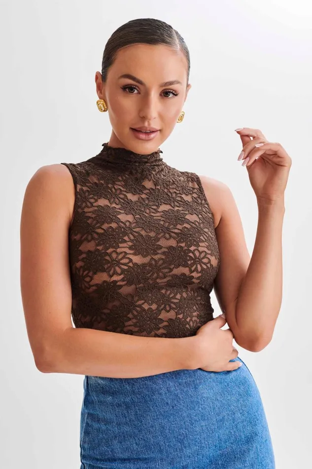 Women Meshki Sets Elska Lace High Neck Top 8211 Chocolate