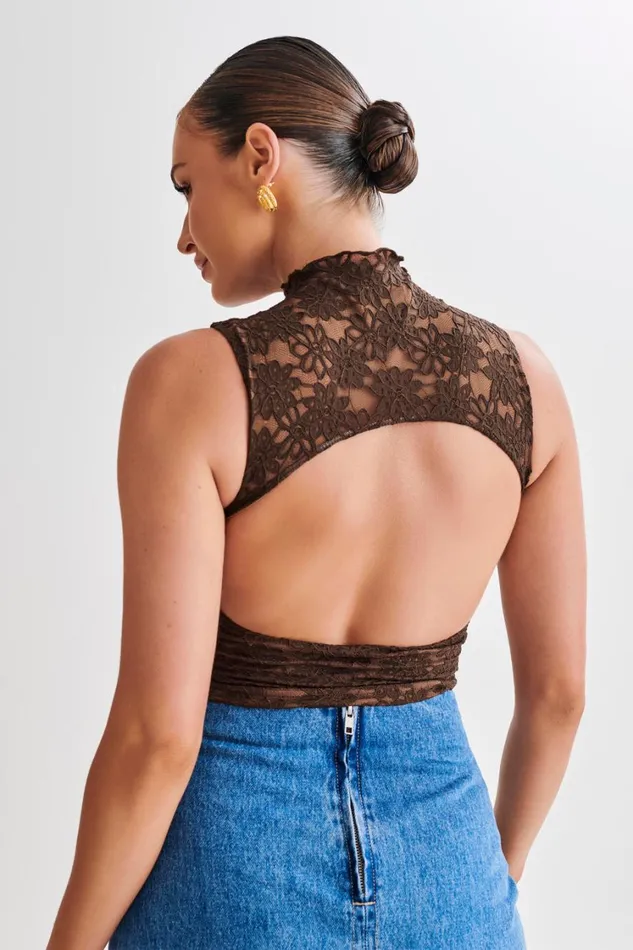 Women Meshki Sets Elska Lace High Neck Top 8211 Chocolate
