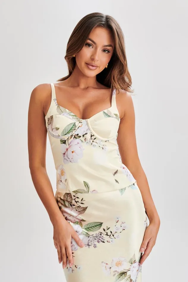 Women Meshki Sets Karley Floral Satin Top 8211 Lemon Floral Print