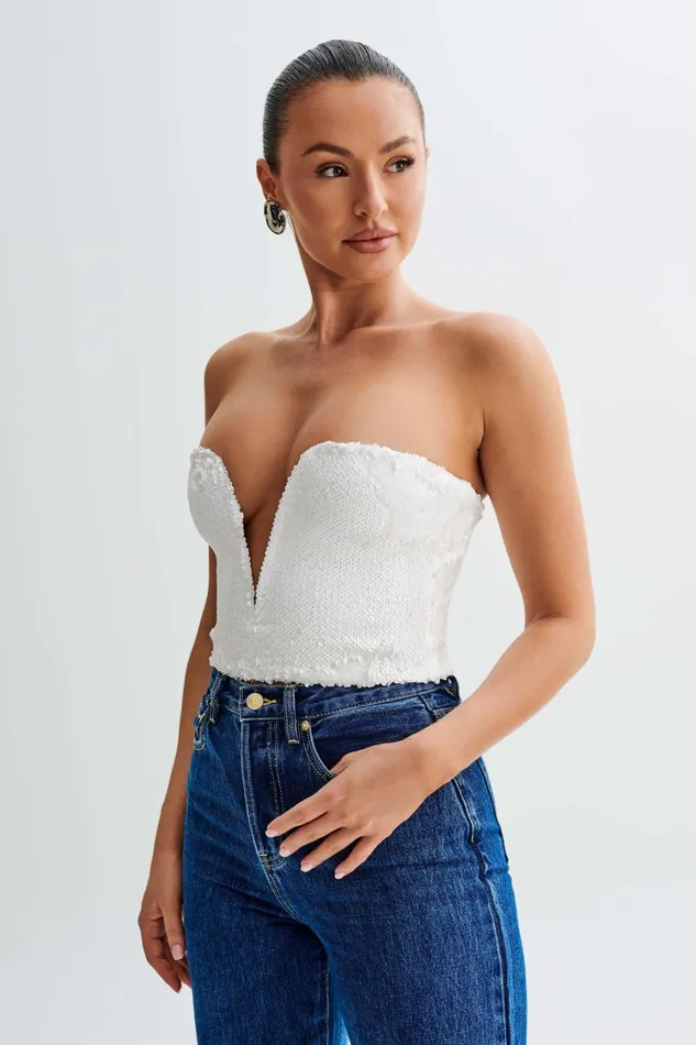 Women Meshki Sets Zariah Strapless Sequin V Corset 8211 White